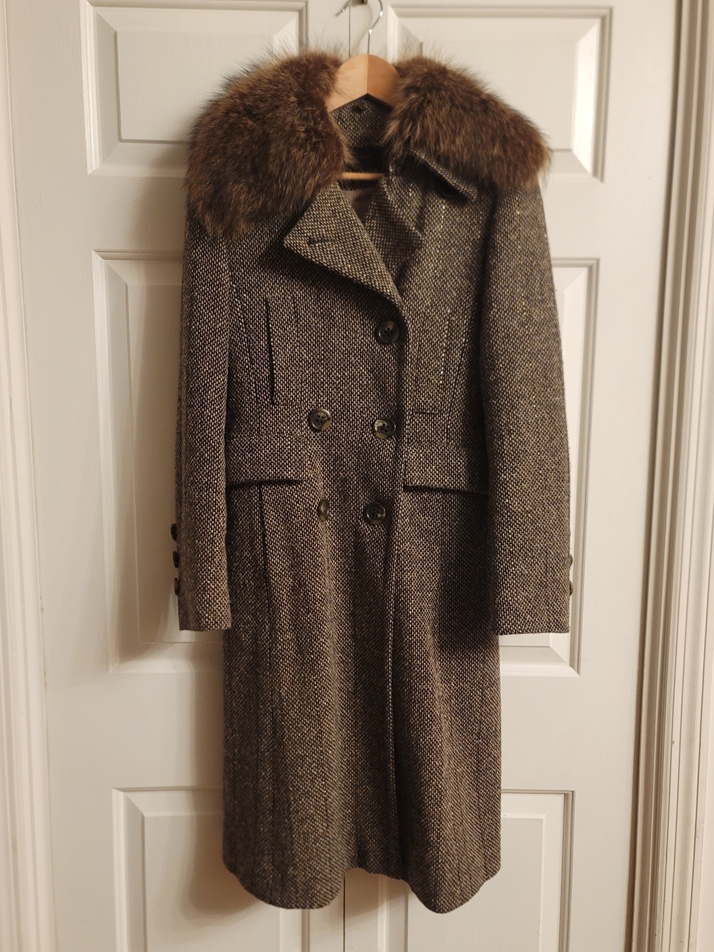 BCBGMaxAzria Brown Tweed Double-Breasted Coat with Fur Collar